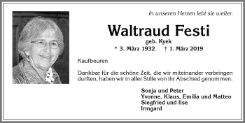 Traueranzeige von Waltraud Festi von Allgäuer Zeitung, Kaufbeuren/Buchloe