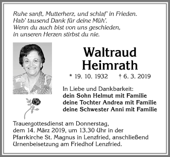 Traueranzeige von Waltraud Heimrath von Allgäuer Zeitung,Kempten