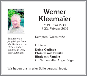 Traueranzeige von Werner Kleemaier von Allgäuer Zeitung,Kempten