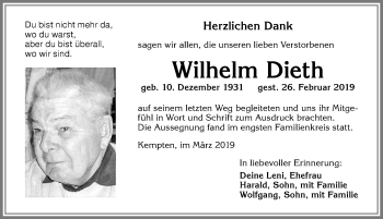 Traueranzeige von Wilhelm Dieth von Allgäuer Zeitung,Kempten