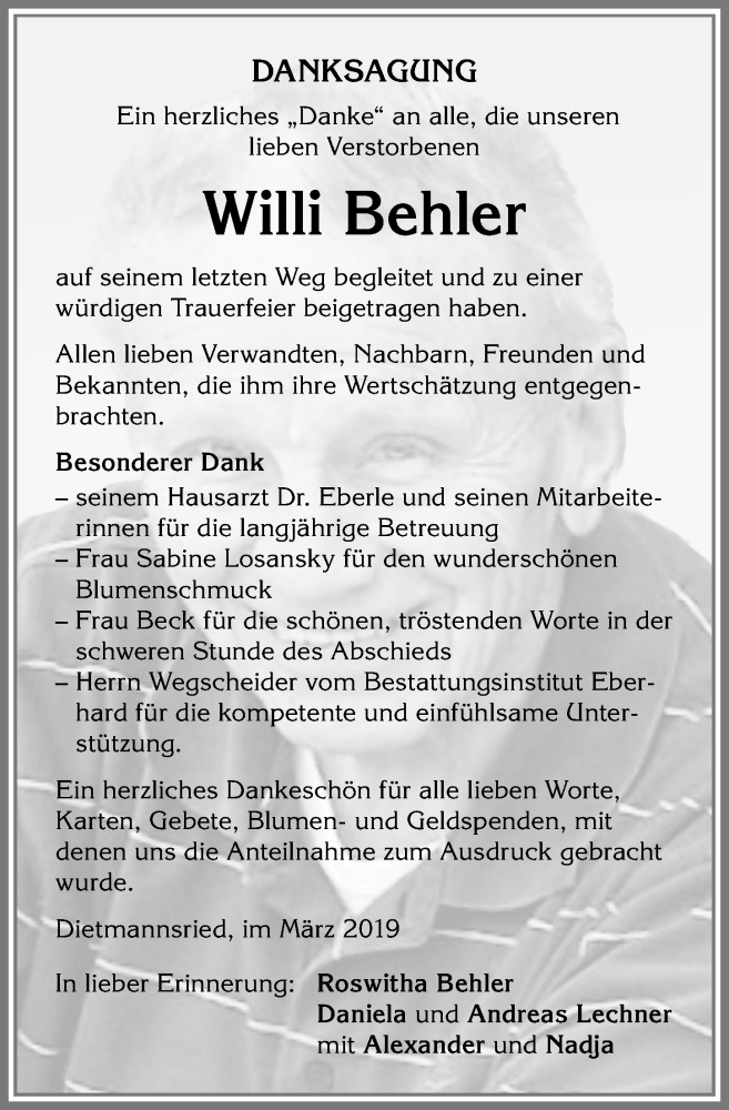  Traueranzeige für Willi Behler vom 16.03.2019 aus Allgäuer Zeitung,Kempten