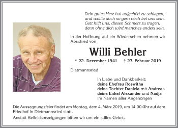 Traueranzeige von Willi Behler von Allgäuer Zeitung,Kempten