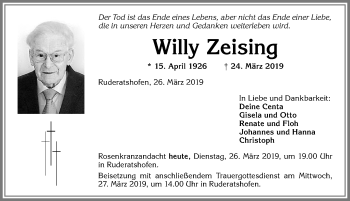 Traueranzeige von Willy Zeising von Allgäuer Zeitung, Marktoberdorf