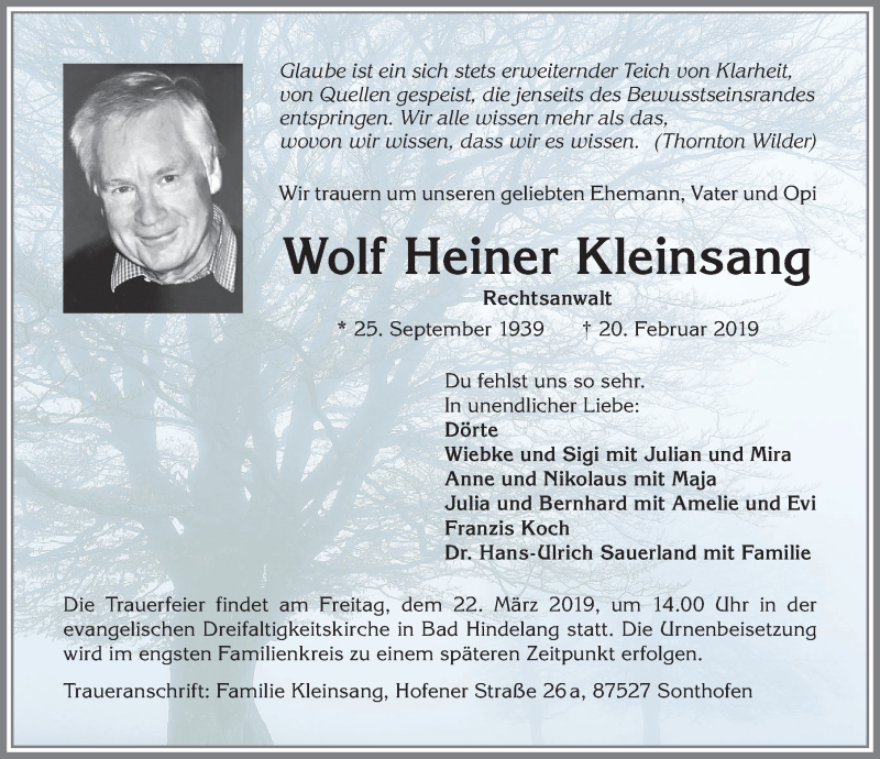  Traueranzeige für Wolf Heiner Kleinsang vom 02.03.2019 aus Allgäuer Anzeigeblatt