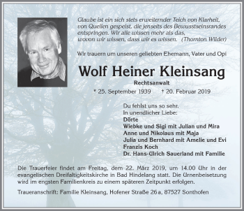 Traueranzeige von Wolf Heiner Kleinsang von Allgäuer Anzeigeblatt