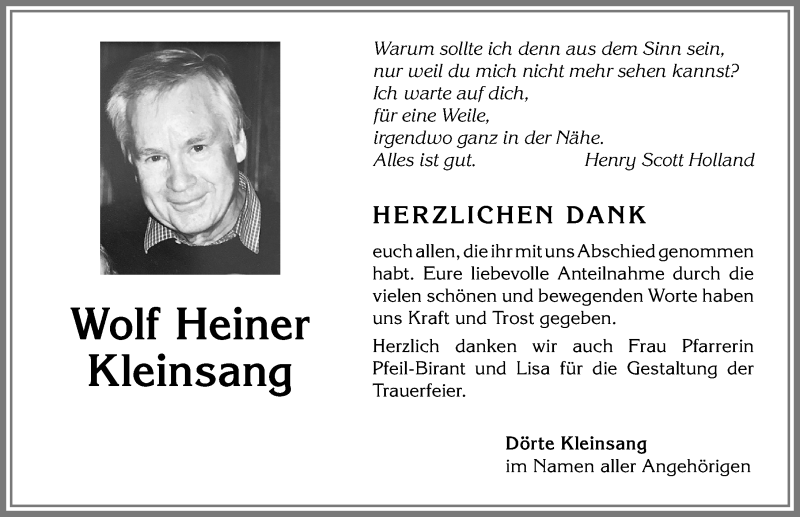  Traueranzeige für Wolf Heiner Kleinsang vom 29.03.2019 aus Allgäuer Anzeigeblatt