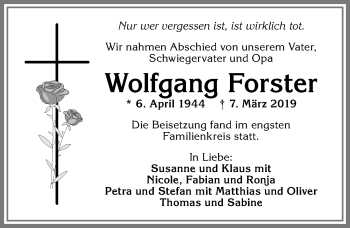 Traueranzeige von Wolfgang Forster von Allgäuer Zeitung,Kempten