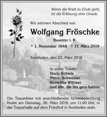 Traueranzeige von Wolfgang Fröschke von Allgäuer Anzeigeblatt
