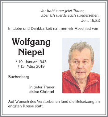 Traueranzeige von Wolfgang Niepel von Allgäuer Zeitung,Kempten