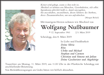 Traueranzeige von Wolfgang Nußbaumer von Der Westallgäuer