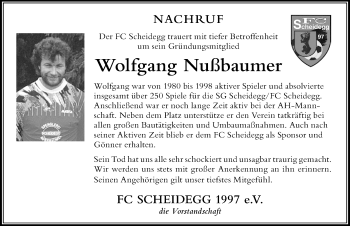 Traueranzeige von Wolfgang Nußbaumer von Der Westallgäuer