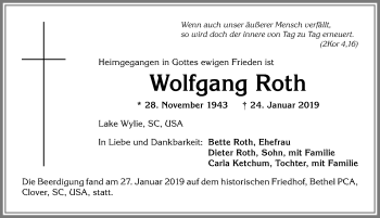 Traueranzeige von Wolfgang Roth von Allgäuer Anzeigeblatt