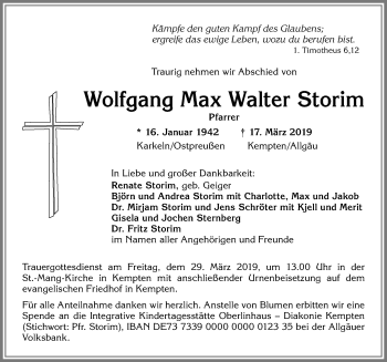 Traueranzeige von Wolfgang Max Walter Storim von Allgäuer Zeitung