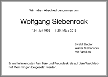 Traueranzeige von Wolofgang Siebenrock von Memminger Zeitung