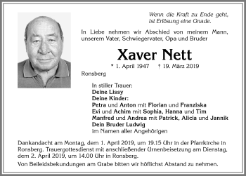 Traueranzeige von Xaver Nett von Allgäuer Zeitung, Marktoberdorf