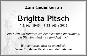 Traueranzeige von Brigitta Pitsch von Allgäuer Zeitung, Kaufbeuren/Buchloe