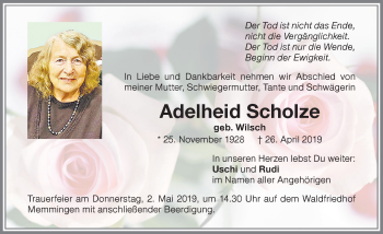 Traueranzeige von Adelheid Scholze von Memminger Zeitung