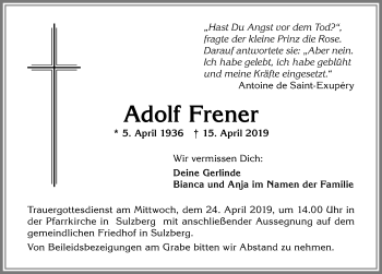 Traueranzeige von Adolf Frener von Allgäuer Zeitung,Kempten
