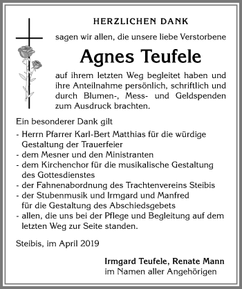 Traueranzeige von Agnes Teufele von Allgäuer Anzeigeblatt