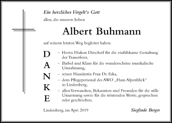 Traueranzeige von Albert Buhmann von Der Westallgäuer