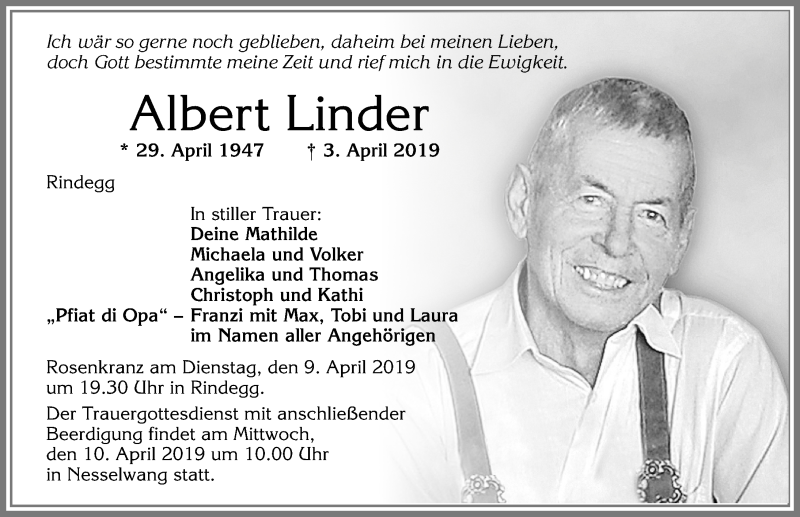  Traueranzeige für Albert Linder vom 06.04.2019 aus Allgäuer Zeitung, Füssen