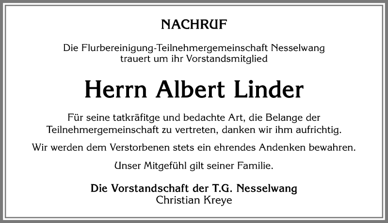  Traueranzeige für Albert Linder vom 09.04.2019 aus Allgäuer Zeitung, Füssen