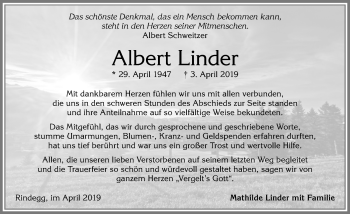 Traueranzeige von Albert Linder von Allgäuer Zeitung, Füssen