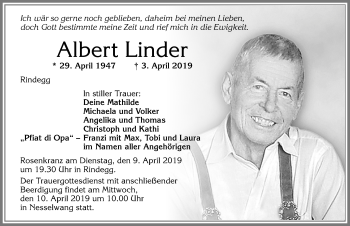 Traueranzeige von Albert Linder von Allgäuer Zeitung, Füssen