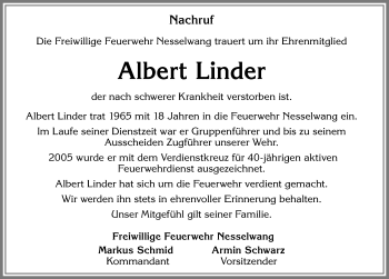 Traueranzeige von Albert Linder von Allgäuer Zeitung, Füssen