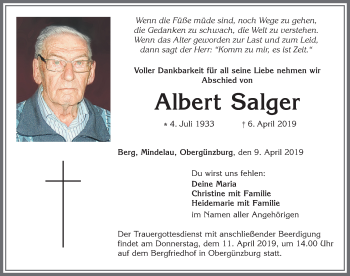 Traueranzeige von Albert Salger von Allgäuer Zeitung, Marktoberdorf
