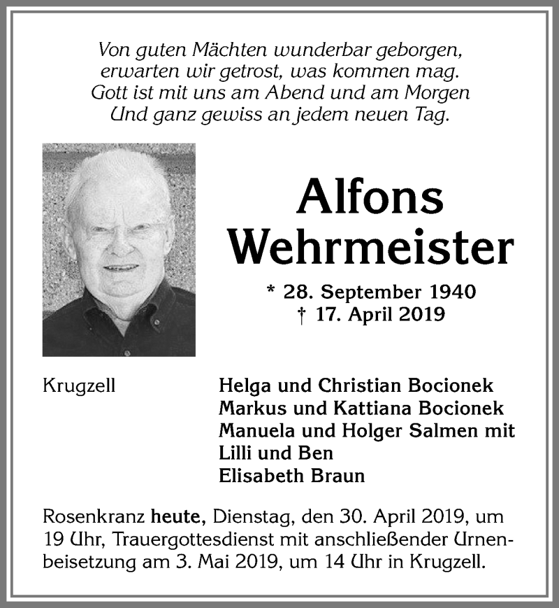  Traueranzeige für Alfons Wehrmeister vom 30.04.2019 aus Allgäuer Zeitung,Kempten