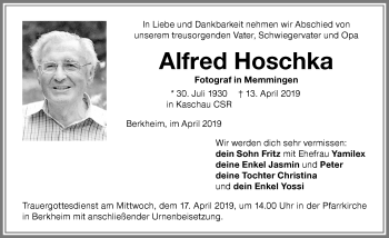 Traueranzeige von Alfred Hoschka von Memminger Zeitung