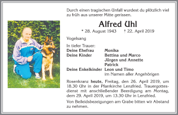 Traueranzeige von Alfred Uhl von Allgäuer Zeitung,Kempten