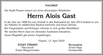 Traueranzeige von Alois Gast von Allgäuer Zeitung, Füssen