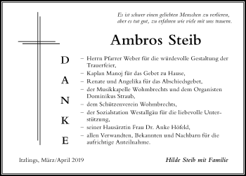Traueranzeige von Ambros Steib von Der Westallgäuer