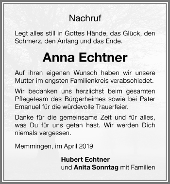 Traueranzeige von Anna Echtner von Memminger Zeitung