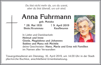 Traueranzeige von Anna Fuhrmann von Allgäuer Zeitung, Kaufbeuren/Buchloe
