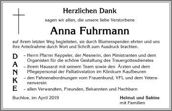 Traueranzeige von Anna Fuhrmann von Allgäuer Zeitung, Kaufbeuren/Buchloe