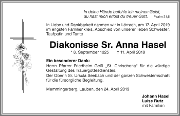 Traueranzeige von Anna Hasel von Memminger Zeitung