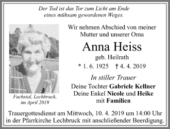 Traueranzeige von Anna Heiss von Allgäuer Zeitung, Füssen