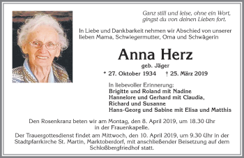 Traueranzeige von Anna Herz von Allgäuer Zeitung, Marktoberdorf