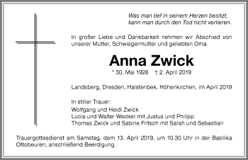 Traueranzeige von Anna Zwick von Memminger Zeitung