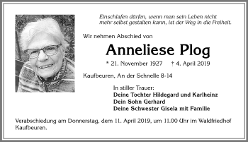 Traueranzeige von Anneliese Plog von Allgäuer Zeitung, Kaufbeuren/Buchloe