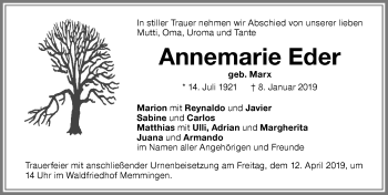 Traueranzeige von Annemarie Eder von Memminger Zeitung