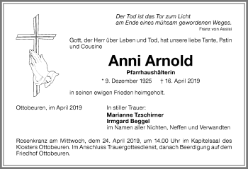Traueranzeige von Anni Arnold von Memminger Zeitung