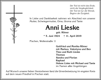 Traueranzeige von Anni Lieske von Allgäuer Anzeigeblatt