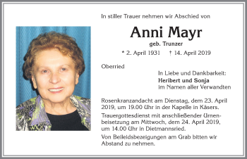 Traueranzeige von Anni Mayr von Allgäuer Zeitung,Kempten
