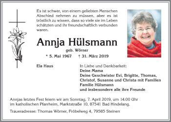 Traueranzeige von Annja Hülsmann von Allgäuer Anzeigeblatt