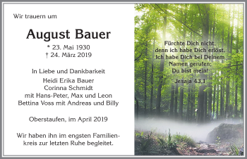 Traueranzeige von August Bauer von Allgäuer Anzeigeblatt