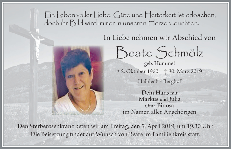  Traueranzeige für Beate Schmölz vom 03.04.2019 aus Allgäuer Zeitung, Füssen